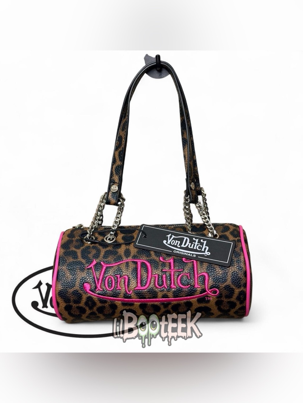 Von Dutch Brown Leopard Print w Pink Trim & Logo Barrel Shoulder Bag VIRAL Y2K